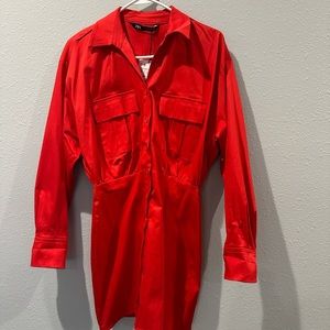 Zara long sleeve short red dress. Front button closure.